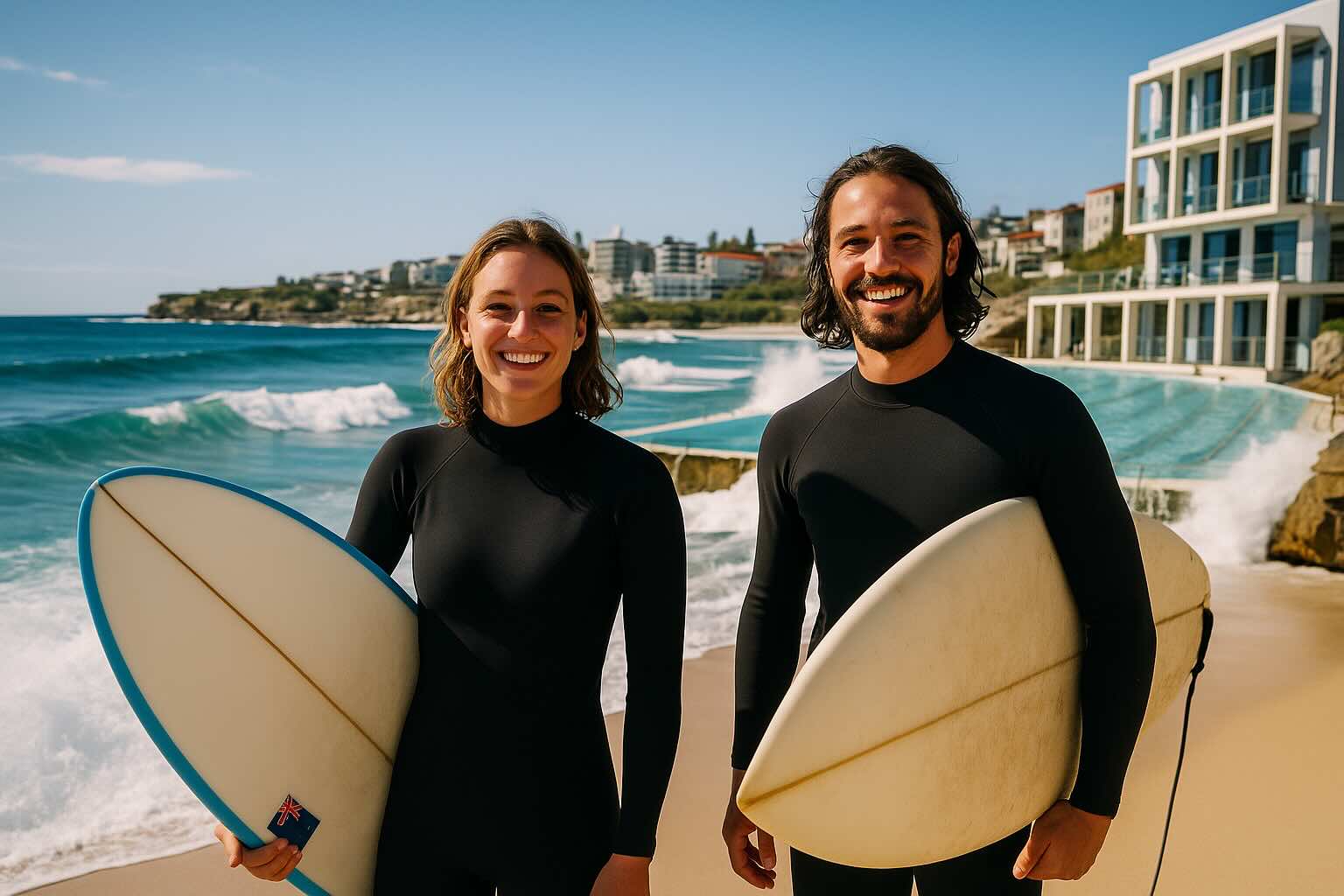 Surfer at Bondi Beach with Sydney skyline and cliffs in background