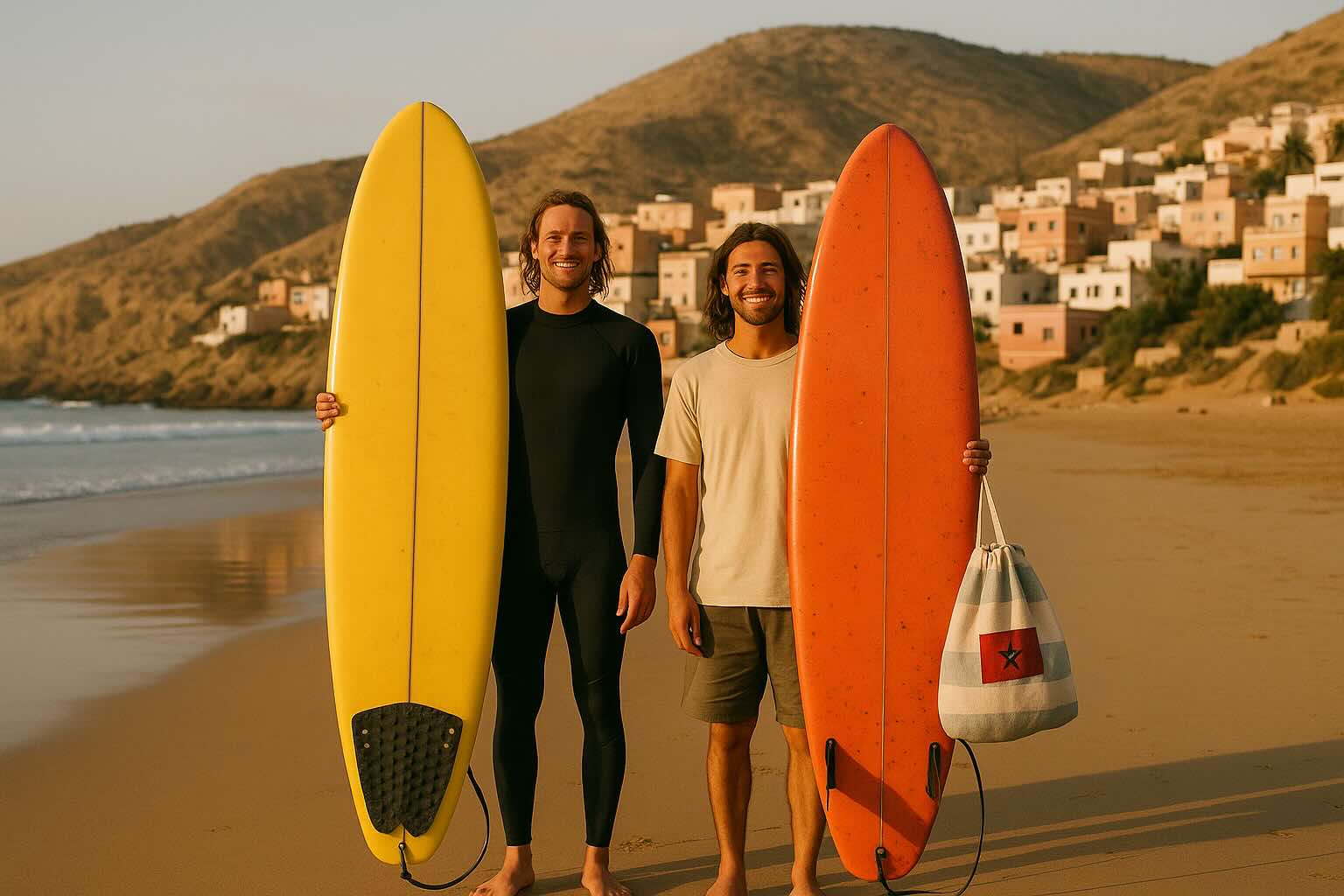 Surfers walking at Banana Point in Tamraght during golden hour
