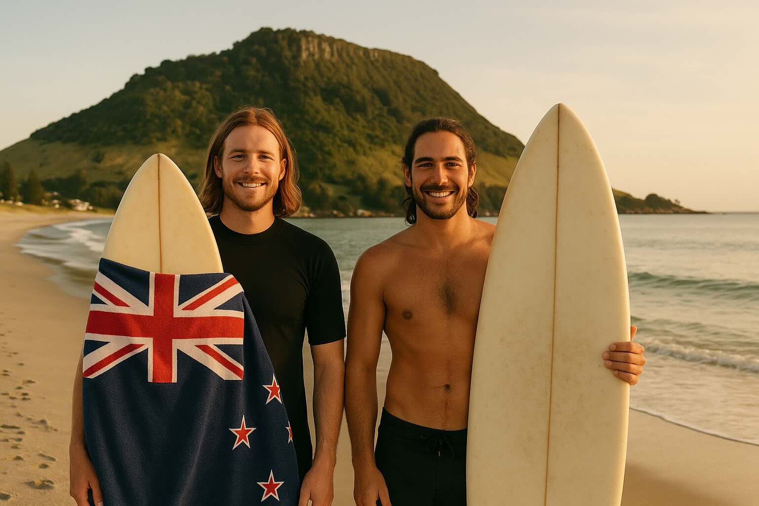Surfers walking along Main Beach with Mount Maunganui in the background