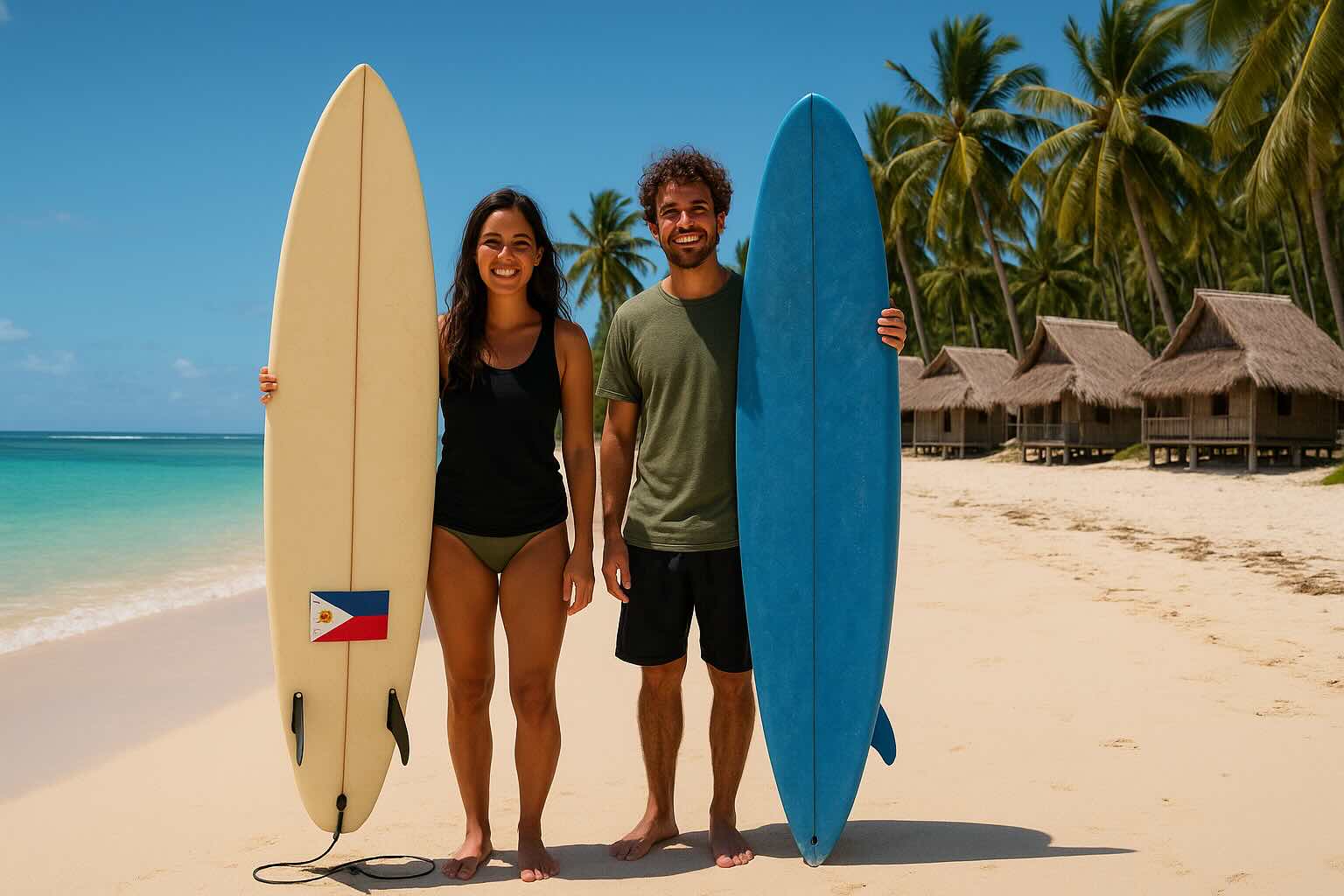Surfers walking through General Luna’s palm-lined roads at sunset