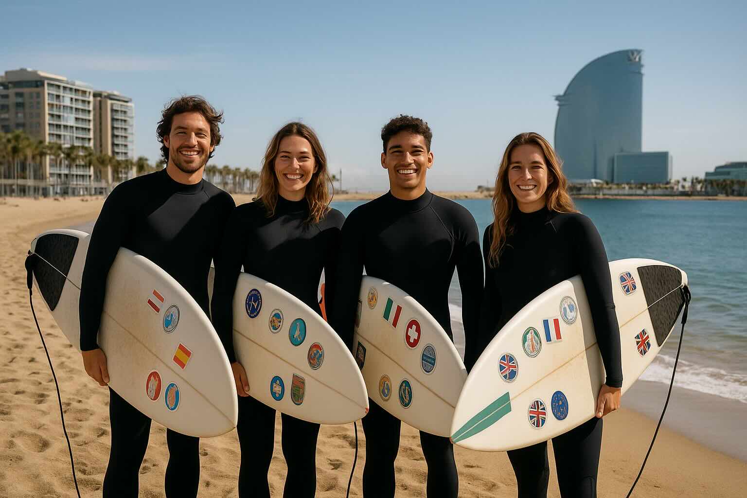 Surfer paddling into a small Mediterranean wave with Barcelona skyline in background
